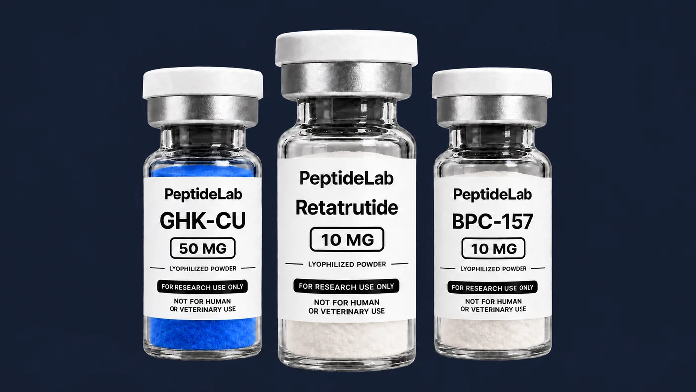 Retatrutide, GHK-Cu, and BPC-157 research vials