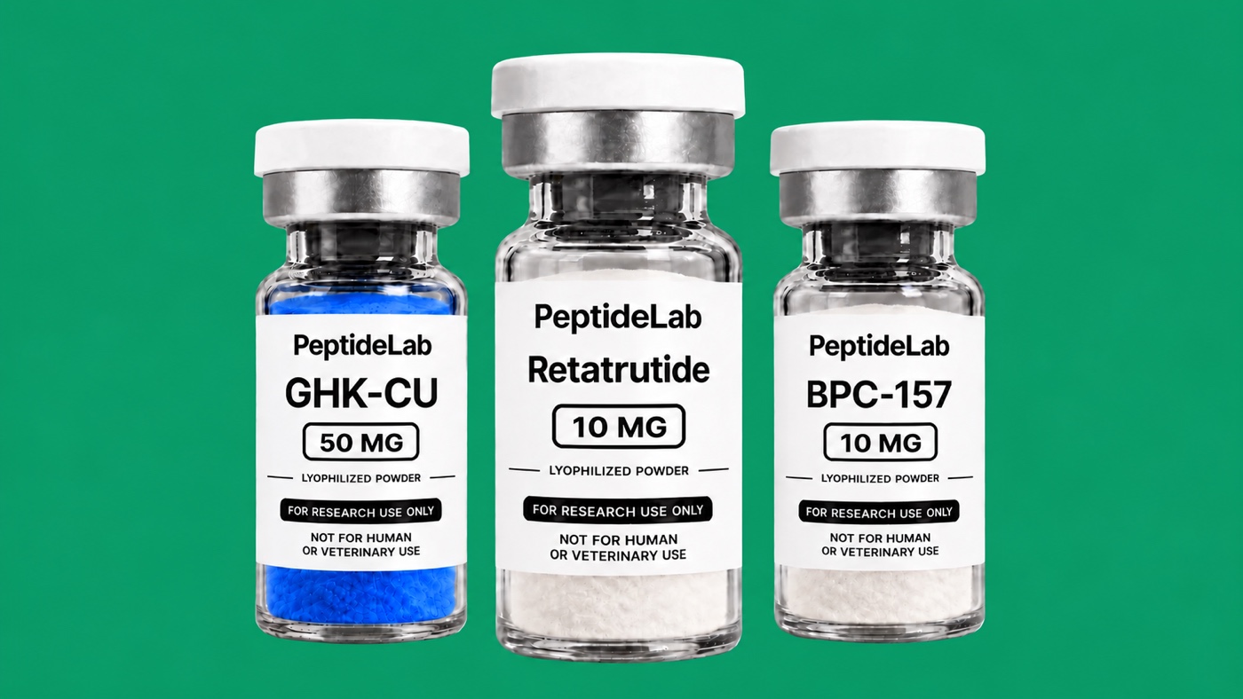 PeptideLab GHK-Cu, Retatrutide and BPC-157 research vials; only GHK-Cu has blue contents