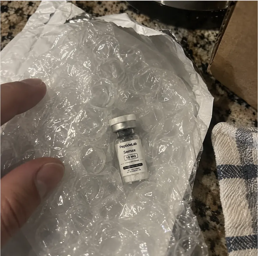 William S.'s PeptideLab order showing a Semax 10 mg research vial on protective bubble wrap